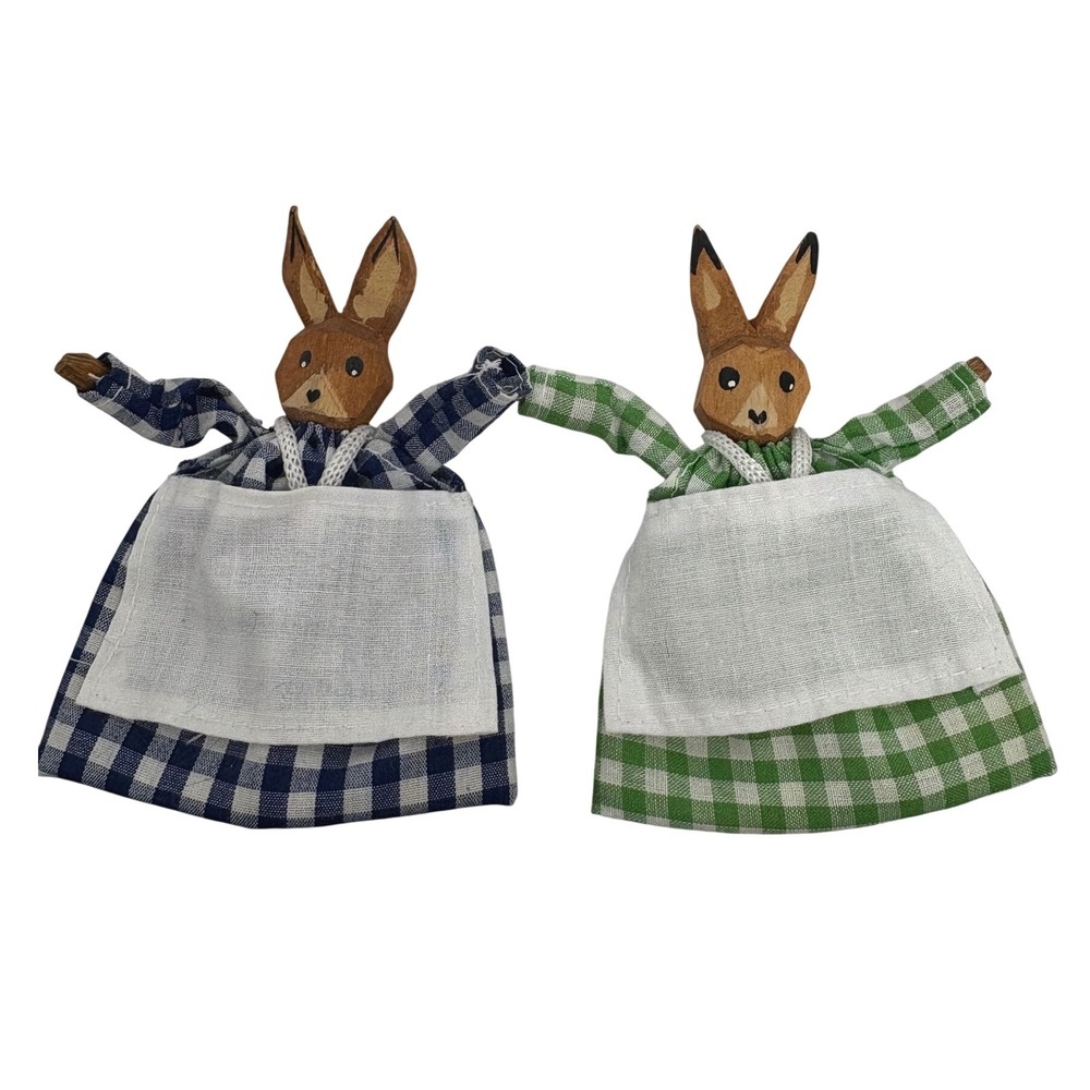 Hand Carved Wood Bunny Rabbit Finger Puppets Gingham Set of 2 Folk‎ Art vintage